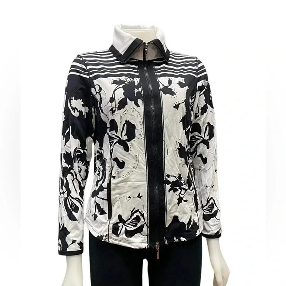 Bylyse Floral Black White Rhinestone Zip Up Jacket Size Medium - Picture 1 of 8